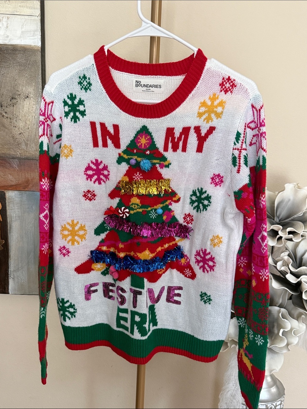 No Boundaries Women's White, Red & Green Festive Tinsel Christmas Sweater